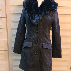 Gothic Brocade Faux Fur Collar Black Coat Small